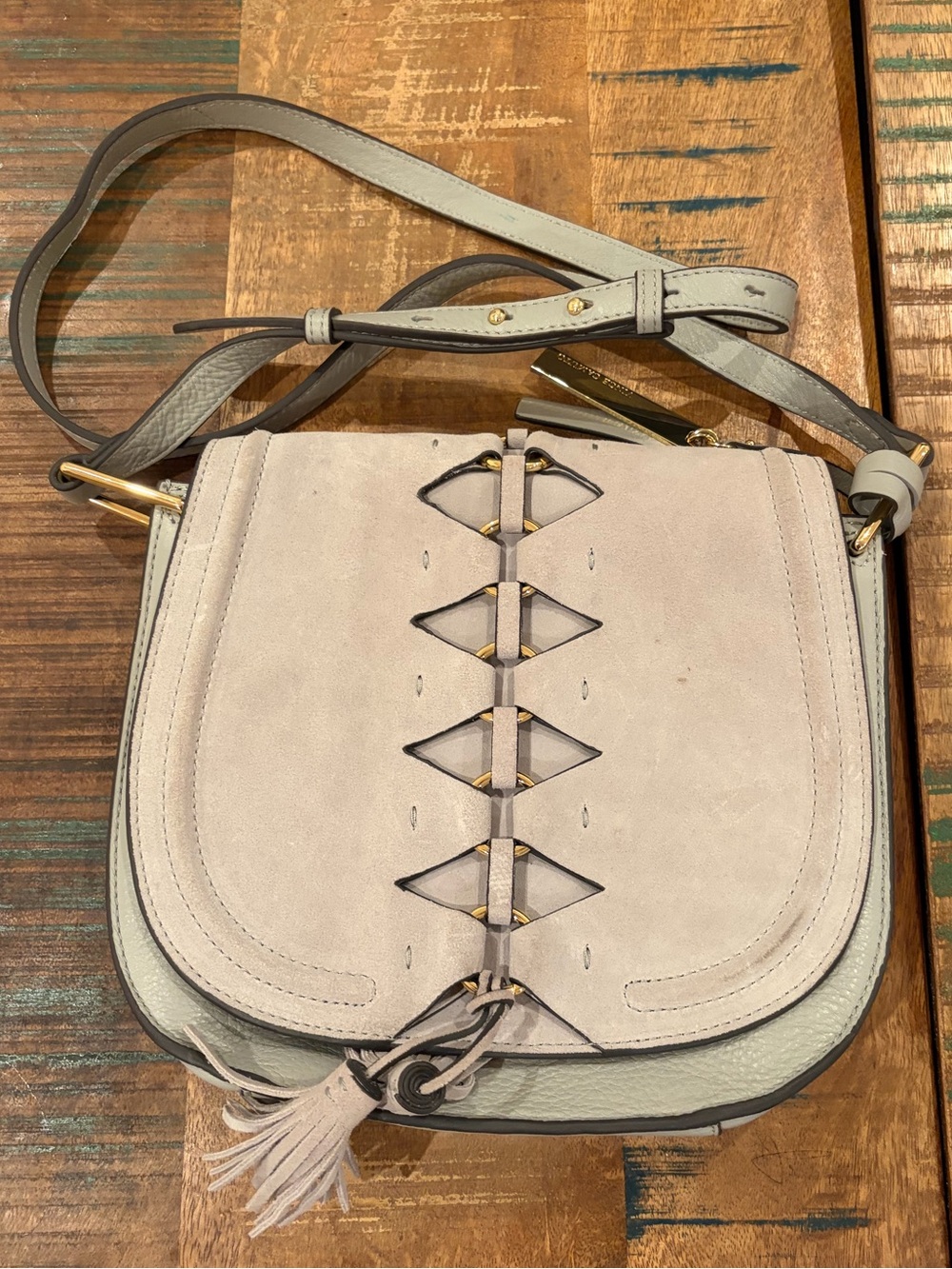 Vince Camuto Ancel Light Gray Suede Crossbody Bag with Tassel